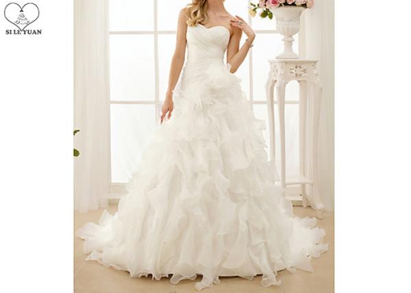 Organza Purfle A Line Bridal Gowns Off White Pleated Back Bandage Puffy Tail