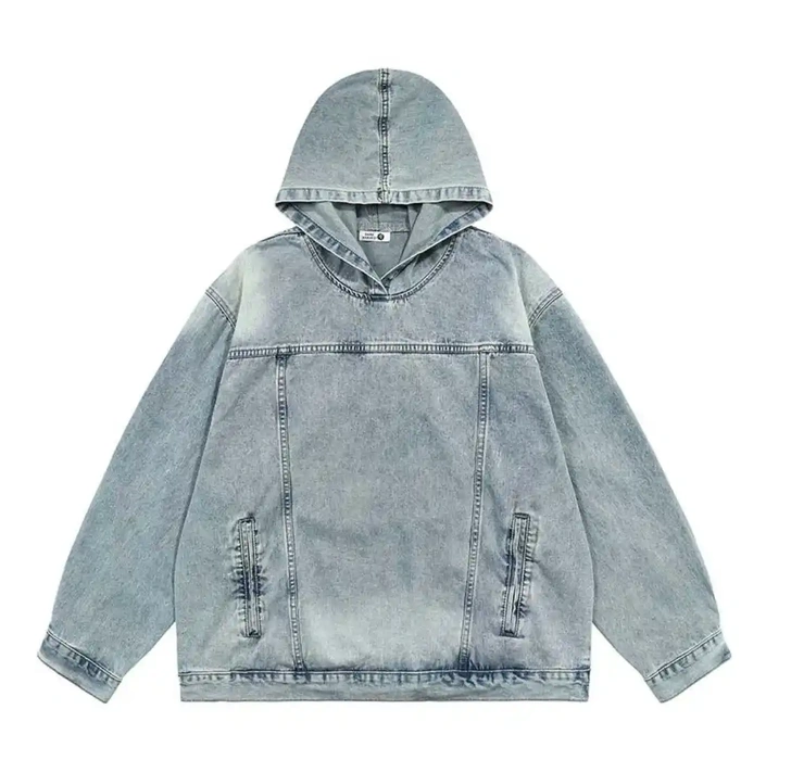 Custom Acid Washed Denim Blank Hoodie Men'S Jackets Street Wear High Quality Oversized Vintage Hip Hop Pullovers Men Hoodie