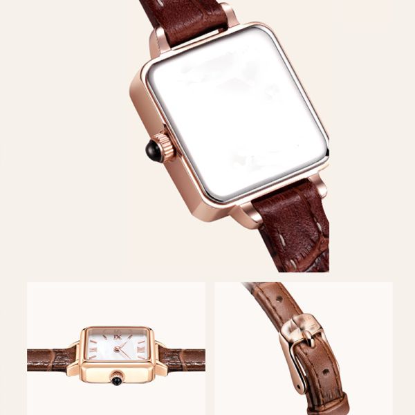 Small Brown Leather Watch Womens Square Fashion Roman Watch Slim Belt