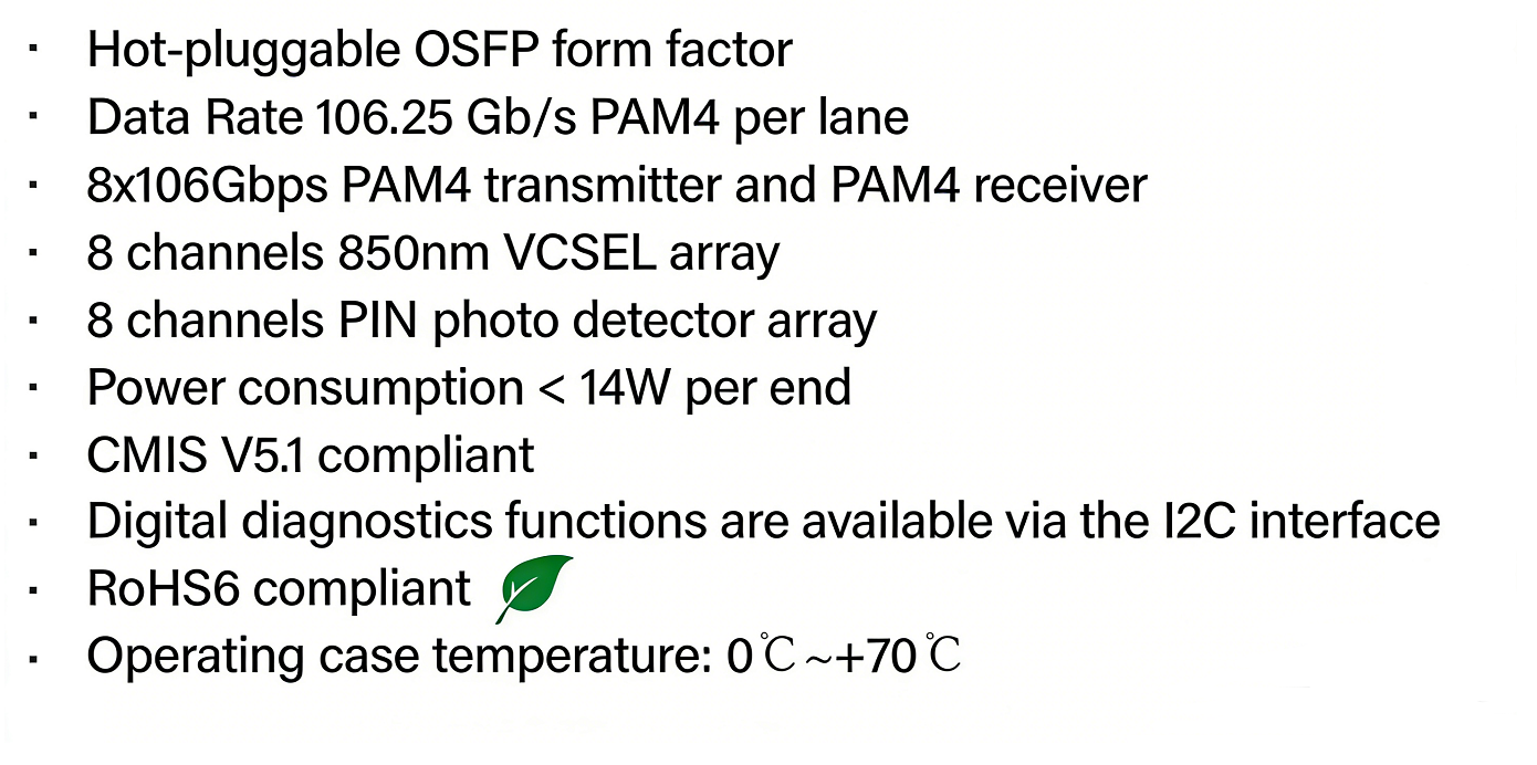 800G OSFP/QSFP DD AOC Cable，850nm, OM3/OM4, 1-50m, Hot-Pluggable, Low Power, Data Center Interconnect