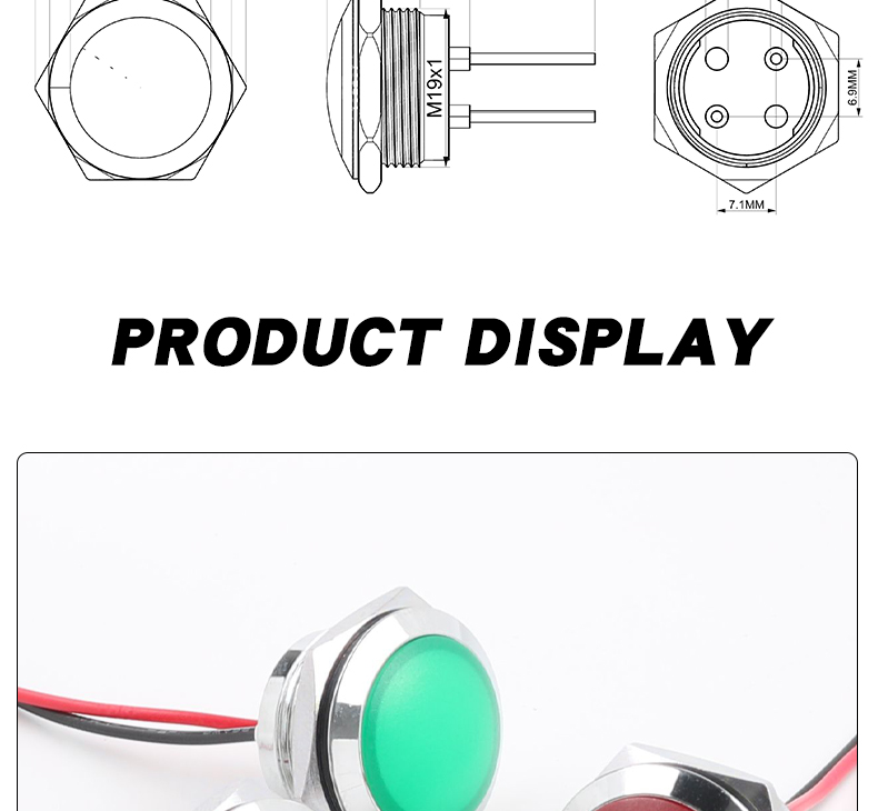 19mm LED Metal Indicator Light Ball Head Short Type Wire High-brightness Power Signal Light IP66 Waterproof 50000 Hours Lifespan