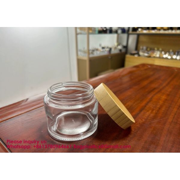 Glass Jars With Lids Clear Small Jars With Plastic Woodgrain Lids, White Labels And Inner Liners Empty Round Cosmetic Containers For Creams Lotions Candle Making (Clear)