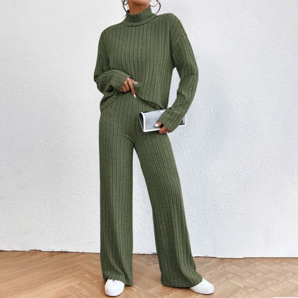 2024 Autumn and Winter Casual High Neck Knitted Long sleeved Sweater Set Women's Loose Pants Two Piece Set