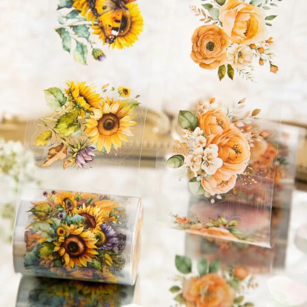2M/Roll Flower Series PET Adhesive Tape Encounters with Sea Plant Hand Ledger DIY Material Decorative Circular Sticker 8 Styles