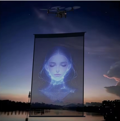 P30High Brightness LED Mesh Drone Screen Display Large High-Tech Lightweight Thin Flying Screen for Wall Installation Outdoor Advertising and Event Visuals