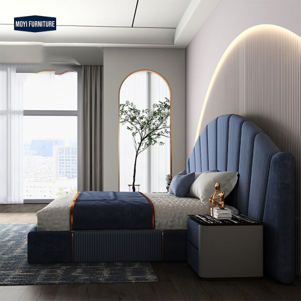 Velvet Upholstered Italian Light Luxury King Size Bed Double Bed Set Modern Blue Leather Bedroom Furniture Elegant Style