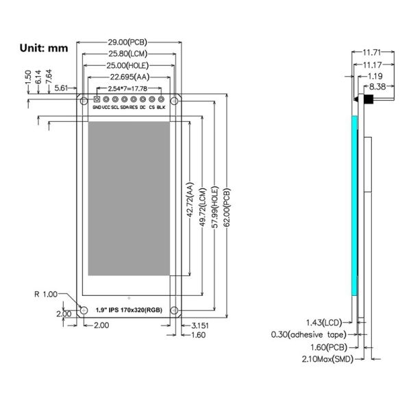 1.9 дюймовый ЖК-модуль Tft, разрешение 170x320, интерфейс SPI с 8 штифтами 4 линии