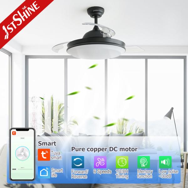 Lâmpada de ventilador de teto retrátil de motor silencioso de LED de corrente contínua com controle remoto de 6 velocidades