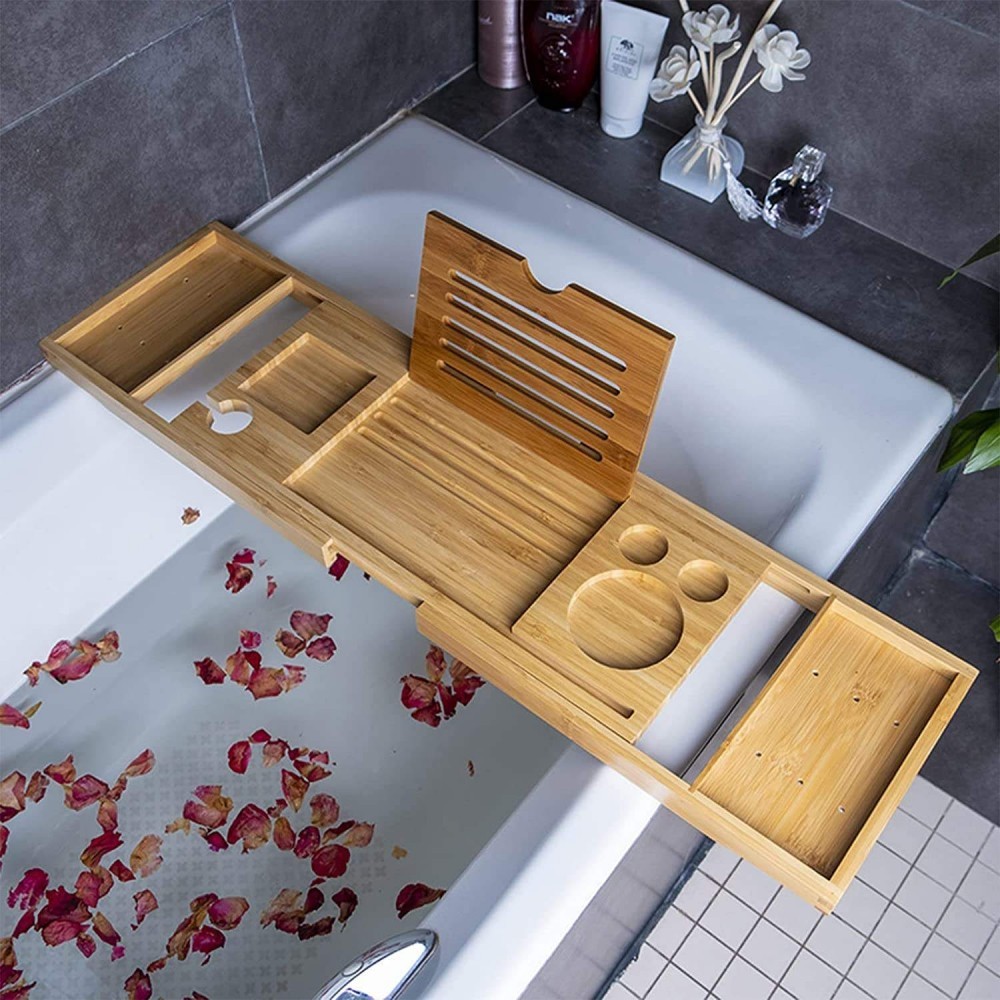Expandable Bamboo Bathtub Caddy with Safe Holders and Durable Design
