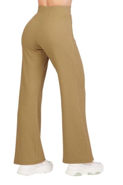 Effortless Chic Ribbed Knit Polo Two-Piece Set - Short Sleeve Top & Wide Leg Pants (Khaki)