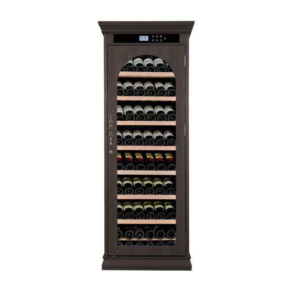 Dark Brown Solid Wood Freestanding Wine Cooler Cabinet with Arched Glass Door and Digital Control Panel