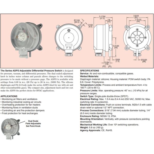 Dwyer ADPS-03-2-N Adjustable Differential Pressure Switch with SPDT Switch Type NEMA 13 Enclosure and Dual-Scale Calibration
