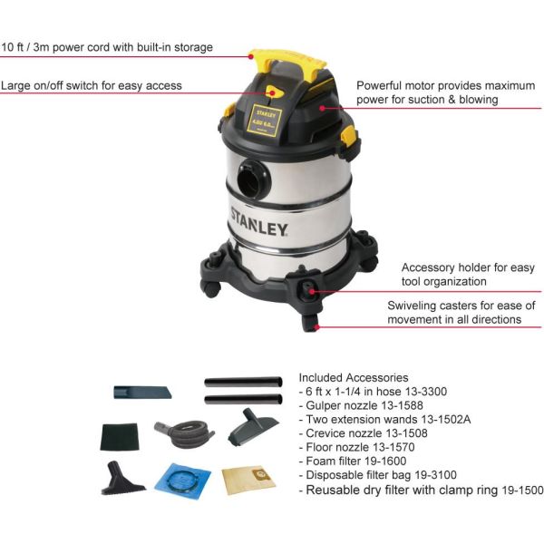 Single Stage Stanley Stainless Steel Wet Dry Vac 6 Gallon 4HP Heavy Duty Motor