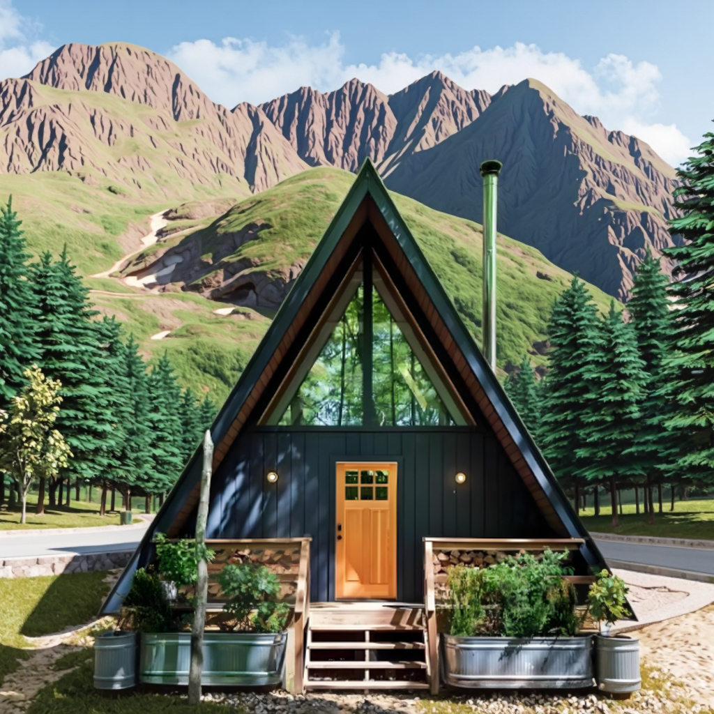 Stylish A-Frame Triangle Prefab Steel House, Custom Steel Structure Guest Lodge for Hotel Courtyards