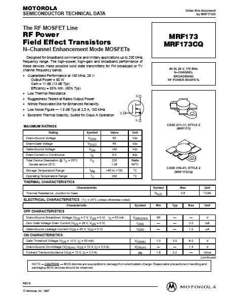 80W MRF173 High Power Transistor 28V High Efficiency CASE 211–11 Package