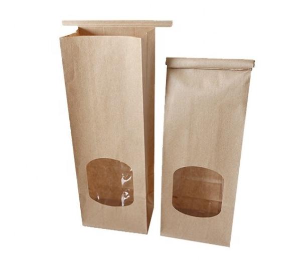 Flat Bottom Brown Paper Bakery Bags With Window Food Packing Coffee Kraft Tin Tie Bags