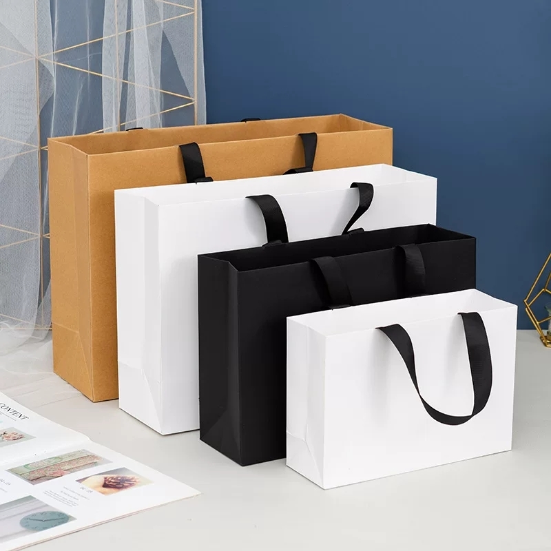 Paper Shopping Bags with Wide Ribbon Handles for Boutique Retail Packaging