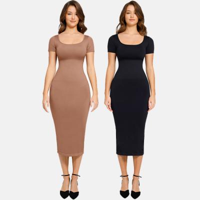 55% Nylon reciclado Roupas femininas sem costura Midi Bodycon Vestido para figura sexy