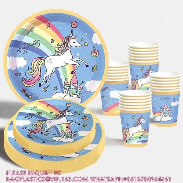 Unicorn Party Dinnerware Plates Cup Supplies Baby Shower Disposable Tableware Set Kids Birthday Party Paper