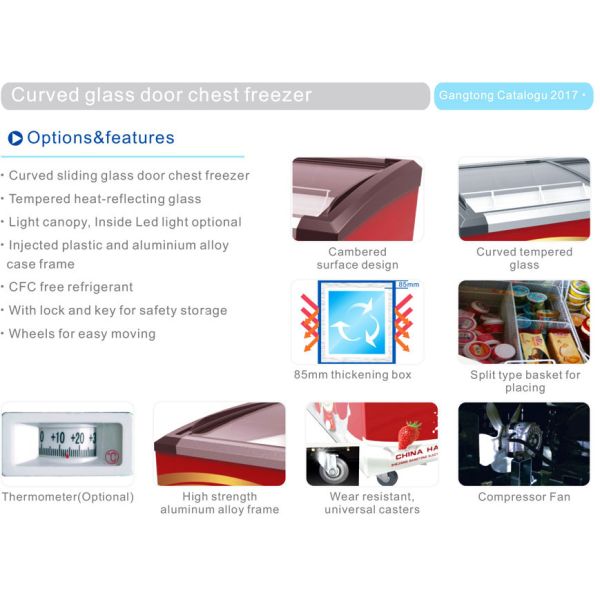 Изогнутая рекламой стеклянная витрина замораживателя комода мороженого 168 литров