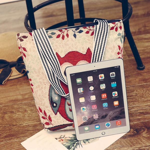 Cartoon Owl Print Canvas Shopping Bags Large Capacity For Women