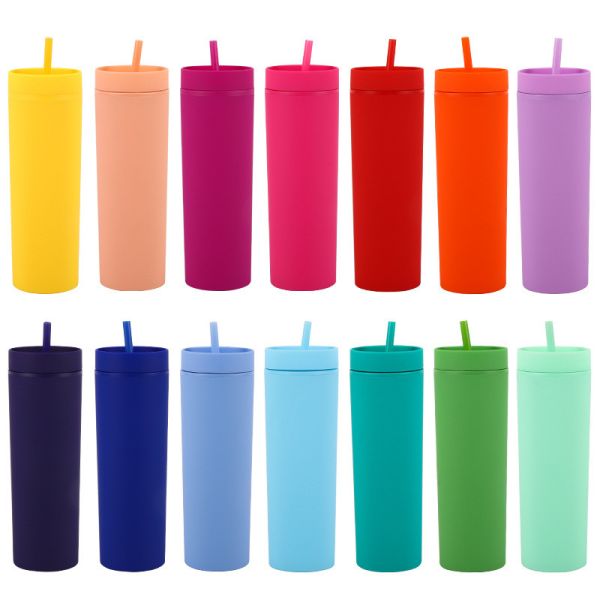 Skinny Double Insulated Plastic Water Bottle Rubber Paint 16oz Plastic Water Bottle Straight Sippy Cup With Splash Proof Lids Easy To Clean