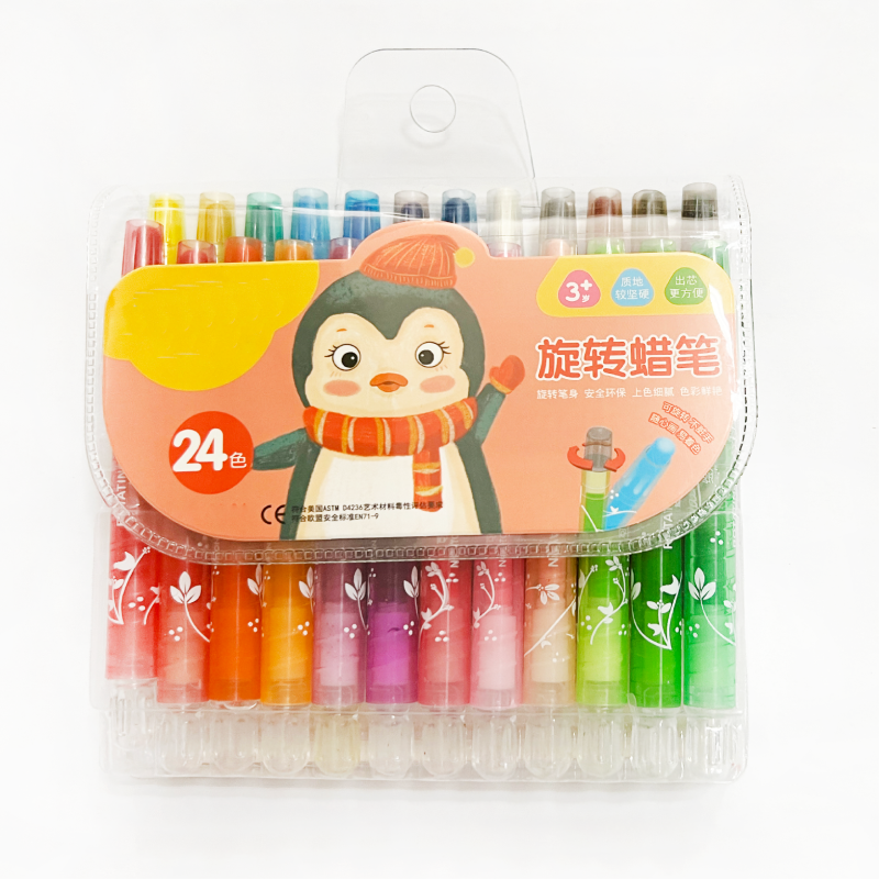 Art Supplier High Quality 24PCS Short Bright Color Silky Nox Toxic Kids Novelty Wax Crayon Rotating Crayon