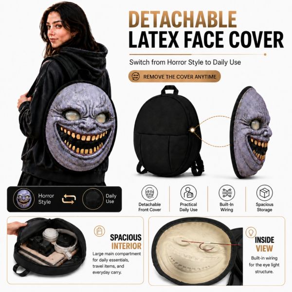 Creepy Monster Face LED Backpack with Glowing Red Eyes, Realistic Cracked Stone Texture, Circular Halloween Cosplay Bag for Party, Trick-or-Treat, and Scary Costume Fans