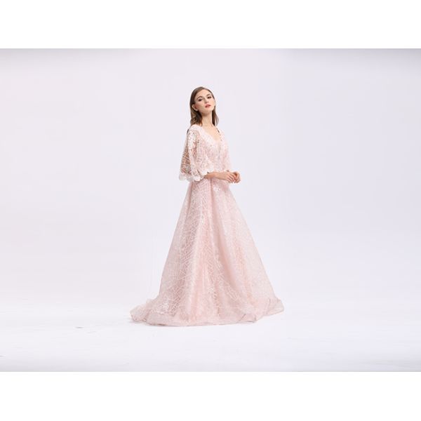 Custom Made Pink Half Sleeve Evening Gown With Hollow - Carved Design