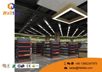 Assoalho material metálico do shelving da loja da gôndola que está com a cerca da parte dianteira e do lado