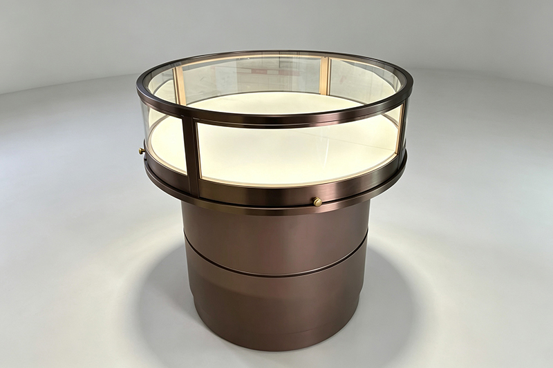 Brushed Bronze Metal Jewelry Showcase with 360-Degree Viewing and Lockable Access Door for High-End Display