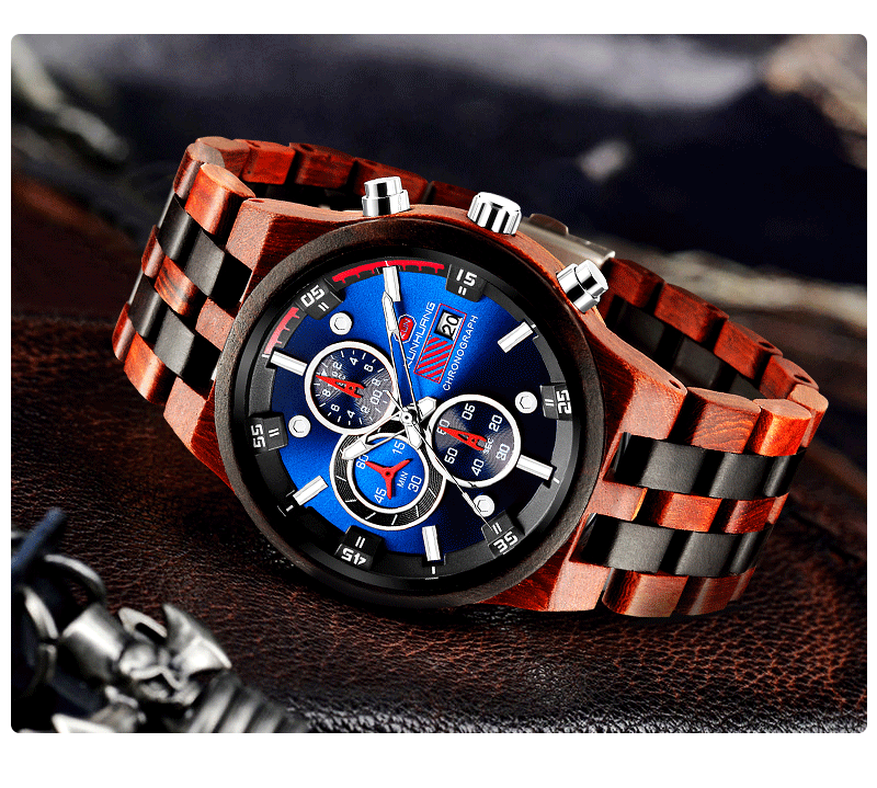 Man Blue Dial  Stripes Wooden Quartz Watch Business Wristwatch Water Proof 1020-3