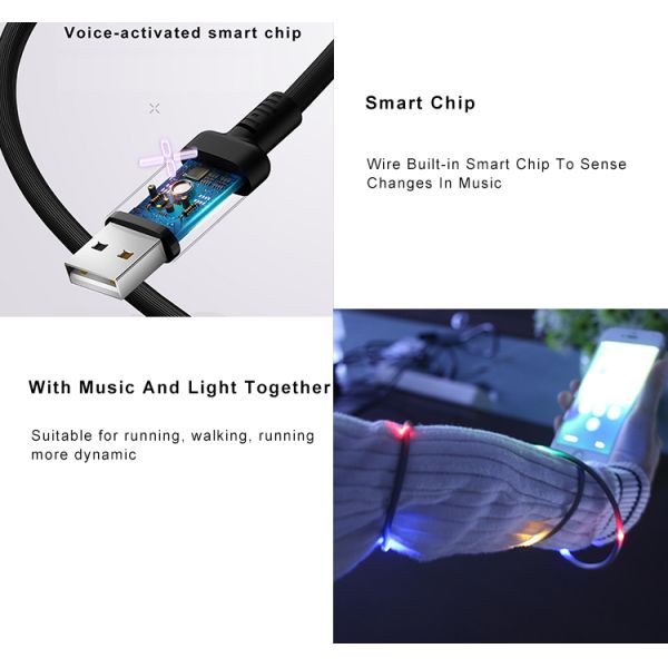 Voice Control LED USB Type-C Charging Cable with Colorful Light