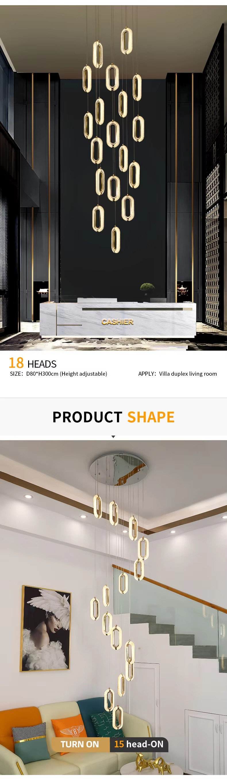 3200-6500K Trois couleurs de changement de lumière lampadaire LED moderne luxe de lumière ovale acrylique pendentif pour la maison et le restaurant