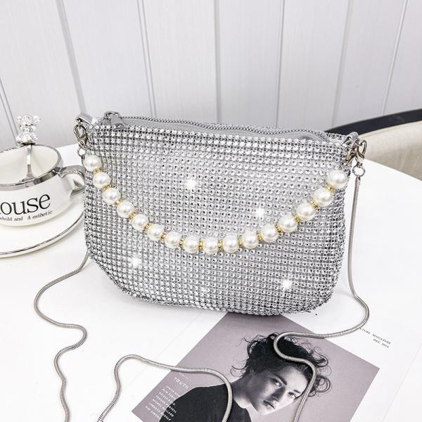 New pearl handle imitation full diamond handbag shoulder bag Cross-border explosive party dinner bag fashion shoulder