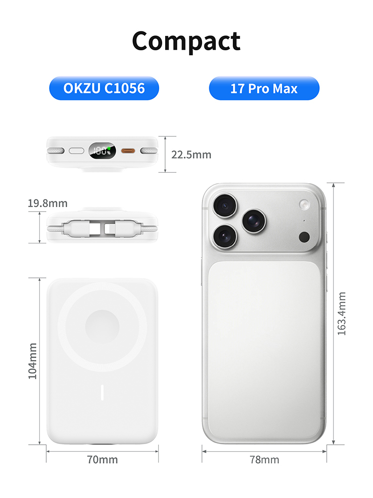 10000mAh Magnetic Wireless Power Bank, 3‑in‑1 Portable Charger with Built‑in Lightning & Type‑C Fast Charging Cables, Foldable Stand, LCD Digital Display, Compact External Battery Pack for Phones