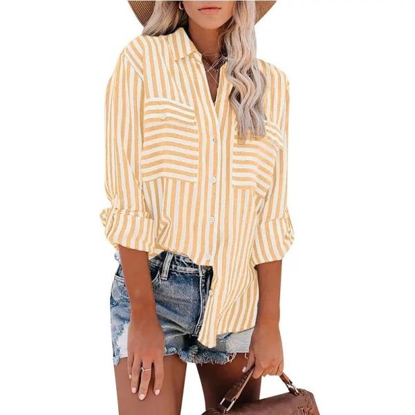                  Women Linen Cotton Vintage Streetwear Plus Size Blouses Button Birds Print Casual Striped Long Sleeve Loose Shirts             