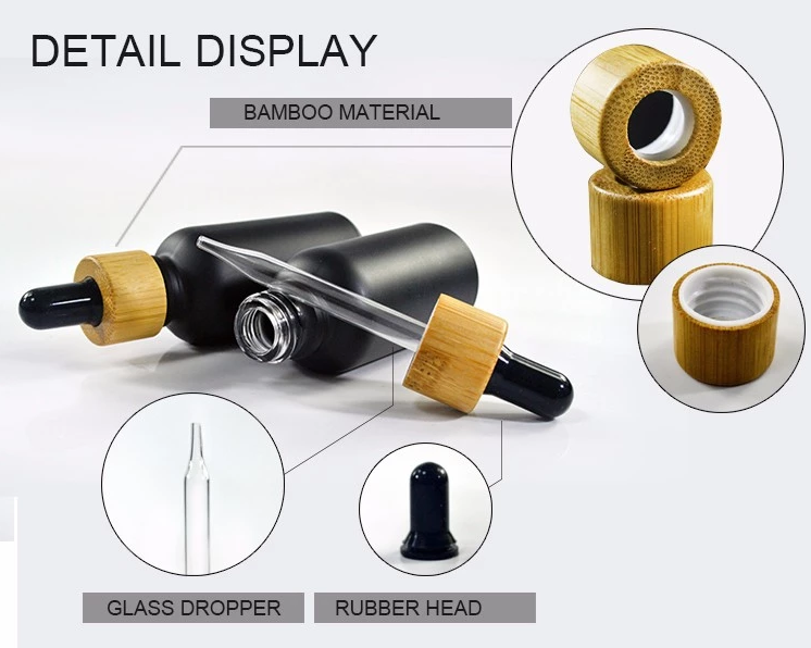 Luxury Bamboo Lid Dark Glass Dropper Bottles With Black Matte Glass Material