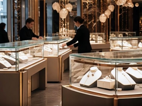 Luxury Gold Metal Frame Jewelry Display Case with Tempered Glass Top and LED Lit for Retail Store