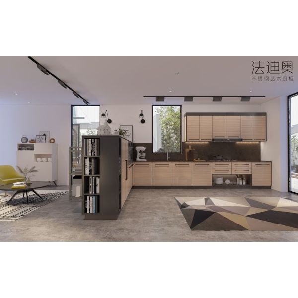 Wood Grain Stainless Steel L-Shaped Kitchen Cabinet With Black Handles