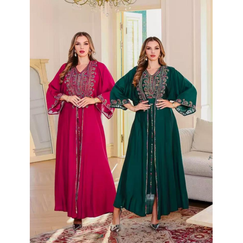 SMT147/SMT145 Middle Eastern Modest Wear Floral Embroidered Robe & Dress Two-Piece Set/V-Neck Maxi Abaya