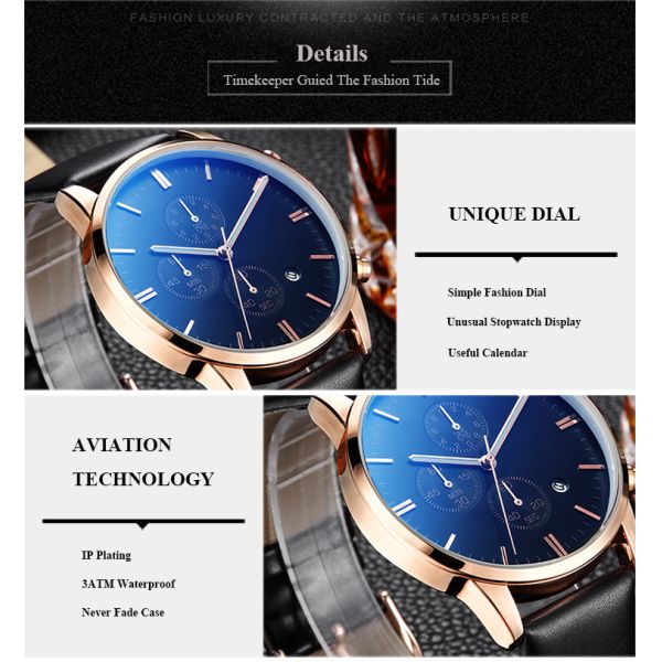 Fitness Stainless Steel Leather Watch Five Hands Water Proof 3 ATM