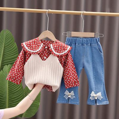 as calças de brim florais da lapela da roupa das crianças da mola de 90cm fazem malha a luva longa da veste