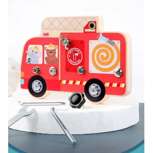 Preschool Wooden Car Busy Board Gear Unlocking Project Fire Truck Kindergarten Puzzle Toy
