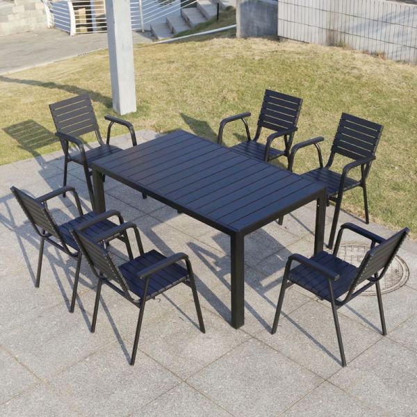 Poolside Plastic Wood Furniture Aluminum Frame Dining Table and Chairs for Courtyard Garden Set