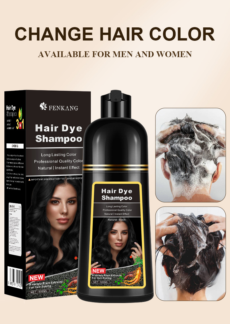 Shampoo colorant moussant à base de plantes 3 en 1 pour cheveux noirs