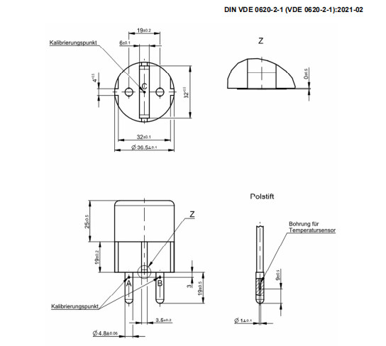 Штепсельная вилка теста Pin VDE 0620-2-1:2021-Bild 16A CuZn39 DIN для повышения температуры