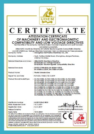 Changzhou Dali Plastics Machinery Co., Ltd Сертификации