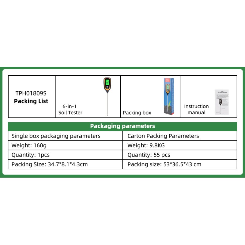 6-in-1 Soil PH Meter Garden Soil PH / Fertility / Moisture / Light / Air Humidity / Temp Multi Functional Soil Testing Tool