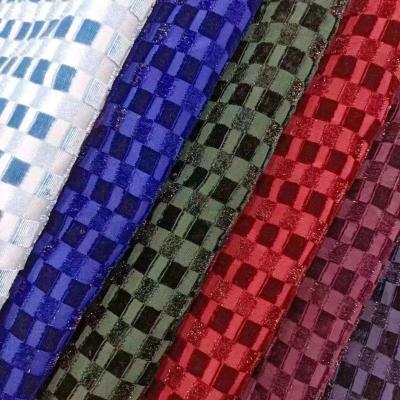 Metal Glitter Check Knitted Velour Viscose Jacquard Burnt Out Velvet Fabric